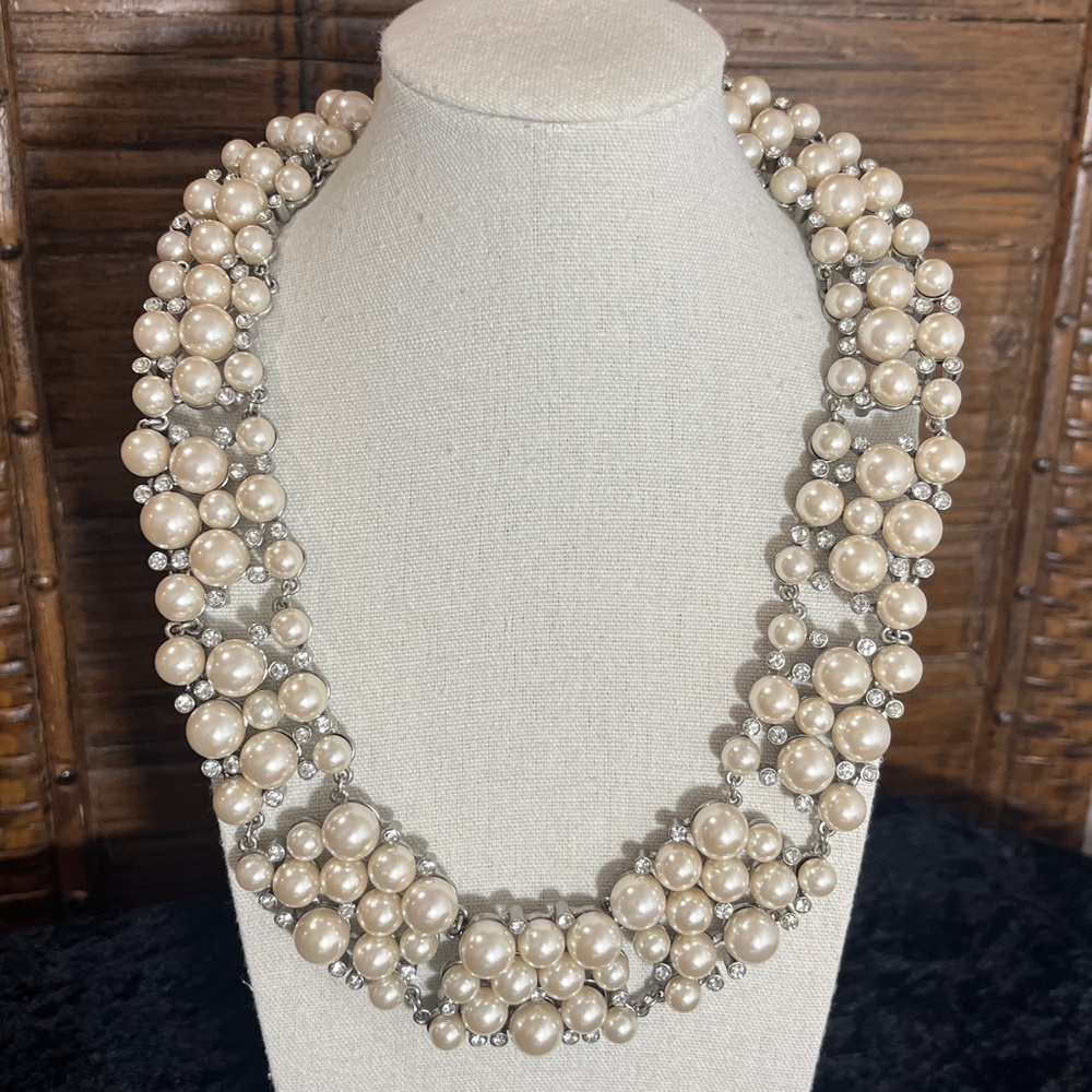 J Crew Clear Rhinestone Crystals Faux Pearls Silver Tone Wedding Necklace